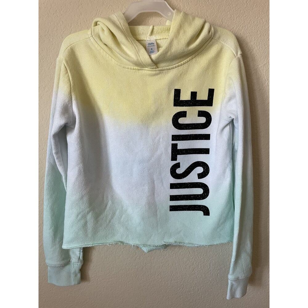 Justice Yellow Blue Ombre Glitter Sparkle Logo Girls’ Pullover Hoodie Size 8
